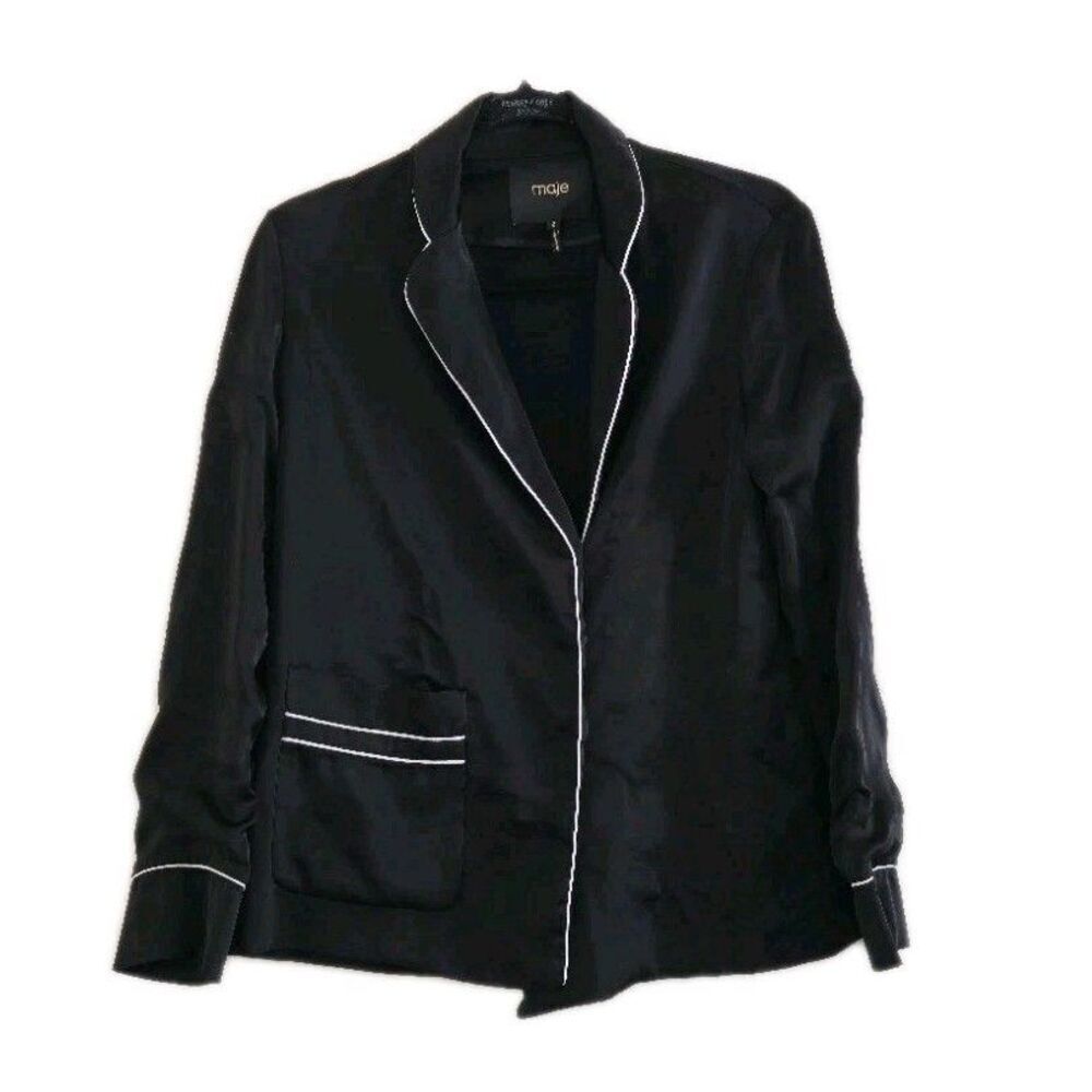 Maje Blazer Women Size 2 Black Lightweight Jacket Unlined Tuxedo Stripe US Med